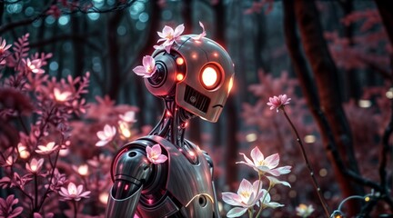 sci-fi robot glowing with lights and surrounded by a mystical forest atmosphere for creative digital artwork