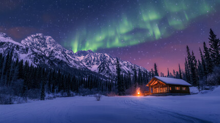 Wall Mural - Aurora borealis over snowy mountain cabin at night