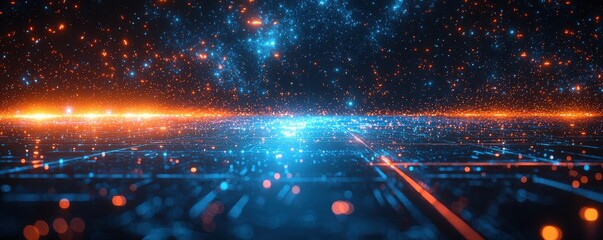 Wall Mural - futuristic digital abstraction with glowing blue and orange light particles