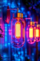 Wall Mural - Glowing Glass Jars, Night Decoration, Vibrant Colors, Festive Atmosphere, Urban Decor.