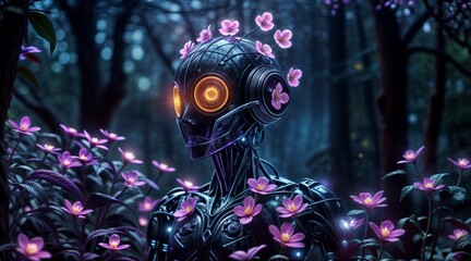glowing robot surrounded by flowers and glowing lights for use in fantasy and futuristic digital designs