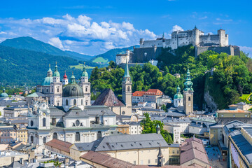 Wall Mural - The City of Salzburg with Salzach River and Fortress Hochensalzburg in the State of Salzburg in Austria.