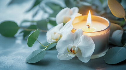 Wall Mural - Serene white orchid and eucalyptus candlelit arrangement for relaxation