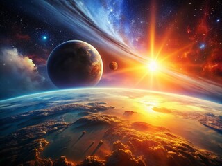 Wall Mural - drone shot: planet eclipse before sun, celestial body, space exploration, cosmic event