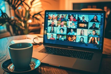 Aufkleber - Online group session taking place on a laptop in a cozy setting with a steaming cup of coffee on the side during the evening hours
