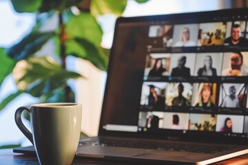 Aufkleber - Online group session taking place on a laptop in a cozy setting with a steaming cup of coffee on the side during the evening hours