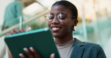 Aufkleber - Office, black woman and happy with tablet for connection, software update and confidence for career. Smile, female person and web designer with digital for app notification, design tools and review