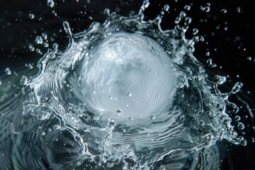 Poster - Bubbling water sphere creating dynamic splashes in a dark environment, revealing intricate details and reflections during a creative experiment with fluid dynamics