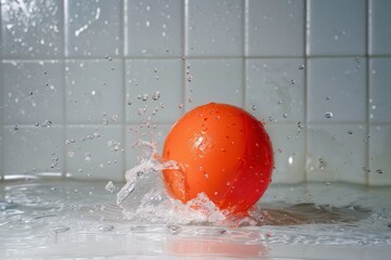 Poster - Bubbling water sphere creating dynamic splashes in a dark environment, revealing intricate details and reflections during a creative experiment with fluid dynamics