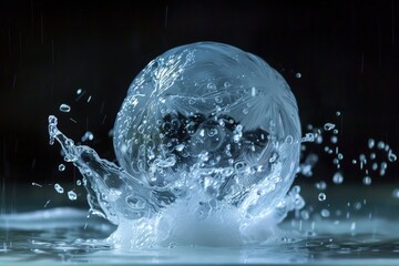 Poster - Bubbling water sphere creating dynamic splashes in a dark environment, revealing intricate details and reflections during a creative experiment with fluid dynamics