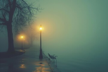 Fototapete - Bright street lamp illuminates foggy pathway in a quiet evening setting