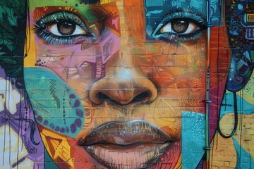Aufkleber - Colorful mural covers a building in a vibrant urban setting showcasing nature and imagination on a sunny day