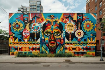 Poster - Colorful street mural depicting diverse faces and patterns in an urban setting on a sunny day