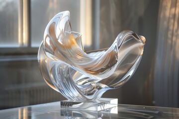 Aufkleber - Beautiful glass sculpture with flowing curves displayed on a pedestal in natural light