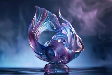 Poster - Beautiful glass sculpture with flowing curves displayed on a pedestal in natural light