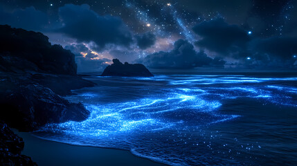 Celestial sea glow: starlit night sky, moonlit ocean, bioluminescent waves, mystical, surreal. Celestine. Illustration