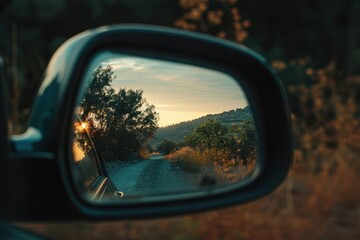 Aufkleber - Reflection of a tranquil landscape in a car's side mirror during golden hour on a serene country road