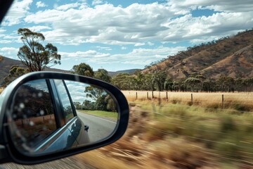 Aufkleber - Reflection of a tranquil landscape in a car's side mirror during golden hour on a serene country road