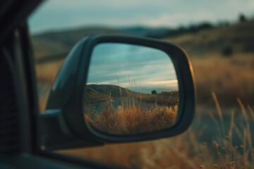 Aufkleber - Reflection of a tranquil landscape in a car's side mirror during golden hour on a serene country road