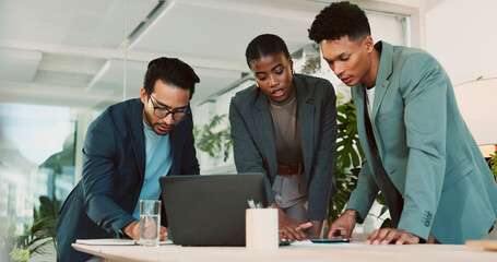 Aufkleber - Office, feedback and report discussion for laptop, proposal and research notes with document for team. Man, woman and advice for business, collaboration and meeting for training or b2b project