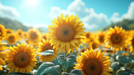 Wall Mural - A vibrant scene of a sunflower field in full bloom, with tall sunflowers reaching towards the sun, and a clear blue sky providing a perfect backdrop for this cheerful and uplifting landscape.