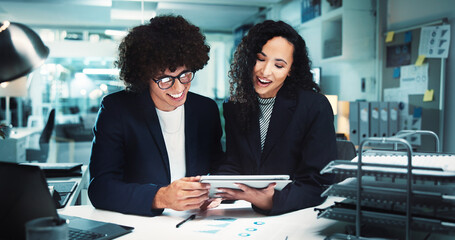 Aufkleber - Happy, business people or night with tablet for analytics, company statistics or profit at office. Businessman, woman or colleagues working late with smile on technology for corporate revenue or data