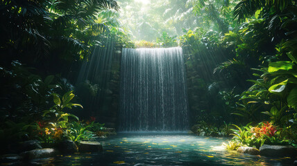 Wall Mural - A vibrant tropical rainforest teeming with life, showcasing exotic plants and flowers, with a waterfall cascading into a crystal-clear pool, sunlight filtering through the leaves 