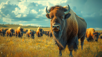 Wall Mural - An awe-inspiring scene of a herd of bison grazing on a grassy plain, with a backdrop of rolling hills and a dramatic sky, capturing the essence of the American West.