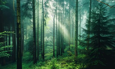Wall Mural - misty forest with sunbeams piercing through trees