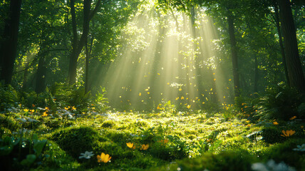 Wall Mural - An enchanting forest scene during the early morning, where rays of sunlight pierce through the dense canopy, illuminating a carpet of vibrant green moss and wildflowers