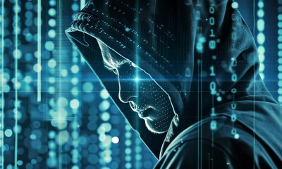 Silhouetted person with digital code overlay on face against blue, binary background