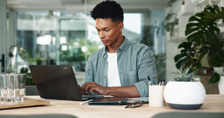 Leinwandbilder - Business man, startup and typing on laptop, reading and insight for project management at office. Person, computer and review process with proposal, feedback and decision on web at creative agency