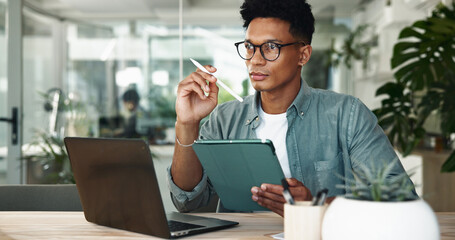 Aufkleber - Business man, tablet and thinking at startup in office for insight, notes and project management. Person, checklist and digital touchscreen for review, app and feedback with stylus at creative agency