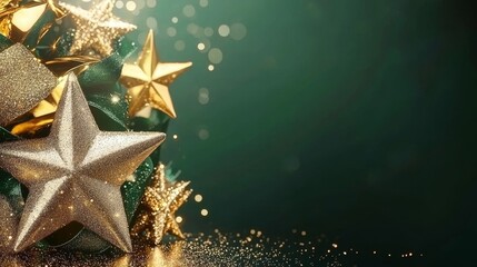 Wall Mural - sparkling golden stars and christmas ornaments on a dark green background, with festive glitter
