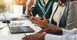 © peopleimages.com - Web design team, meeting and laptop for hands, training or work review for data analysis. Presentation, people and manager for discussion, website or advice for brainstorming or development in office