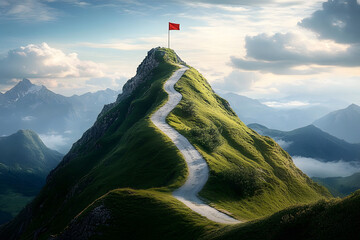 a winding road ascending a steep, isolated mountain peak topped with a flag, symbolizing the challen