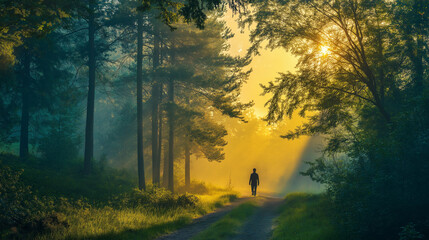 Wall Mural - Einzelner Wanderer auf einem verwunschenen Weg in einem goldenen Waldlicht

