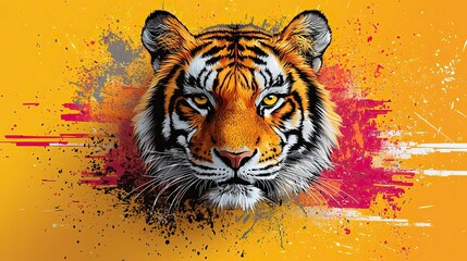 Wall Mural - A vibrant illustration of a tiger's face with colorful splashes in the background.