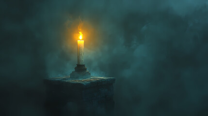 Wall Mural - Ethereal floating candle a mystical light illuminating the darkness above a stalwart stone structure in a dimly lit realm. Stalwart. Illustration