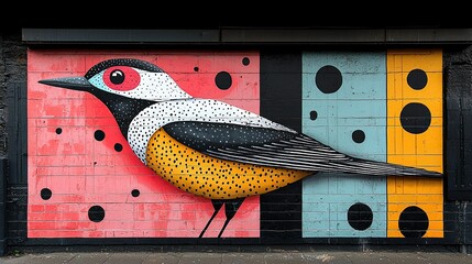 Wall Mural - A vibrant mural depicting a stylized bird with bold colors and patterns on a wall.