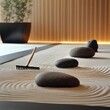 © krismicrostoker - A zen garden featuring smooth rocks, a tiny rake, and meticulously designed sand patterns, set in a serene indoor space with calming colors and soft lighting, evoking peace and mindfulness