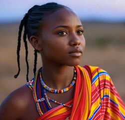 A beautiful close up of a young Maasai girl in colorful traditional clothing outdoors with a serene landscape in the background.