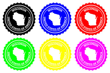 Wall Mural - Wisconsin - rubber stamp - vector, Wisconsin (United States of America) map pattern - sticker - black, blue, green, yellow, purple and red