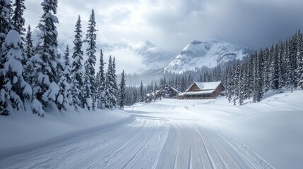 Wall Mural - Snowy Mountain Cabin Winter Wonderland