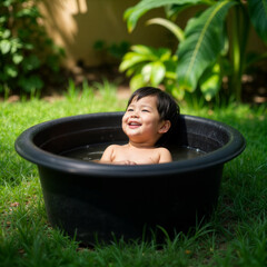 Wall Mural - A young child is sitting in a black plastic tub filled with water, surrounded by lush green grass and plants in a garden setting. The child appears to be enjoying the outdoor activity and is smiling.