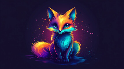 Wall Mural - Neon inspired artistic illustration of a glowing fox in a dark fantasy setting with vibrant colors