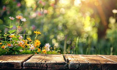 Wall Mural - wooden table overlooking sunlit garden with blooming flowers