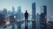 © Jack - Business man standing near cityscape. The concept of business, city life and future. Business technology panorama. Businessman on future city background and futuristic skyscrapers.
