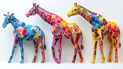 Wall Mural - Three colorful giraffes made of mosaic patterns, showcasing artistic creativity.