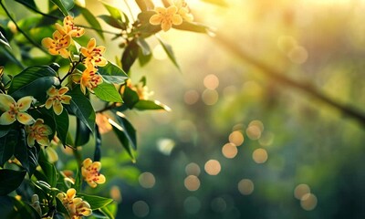 Wall Mural - sunlight streaming through blooming flowers on tree